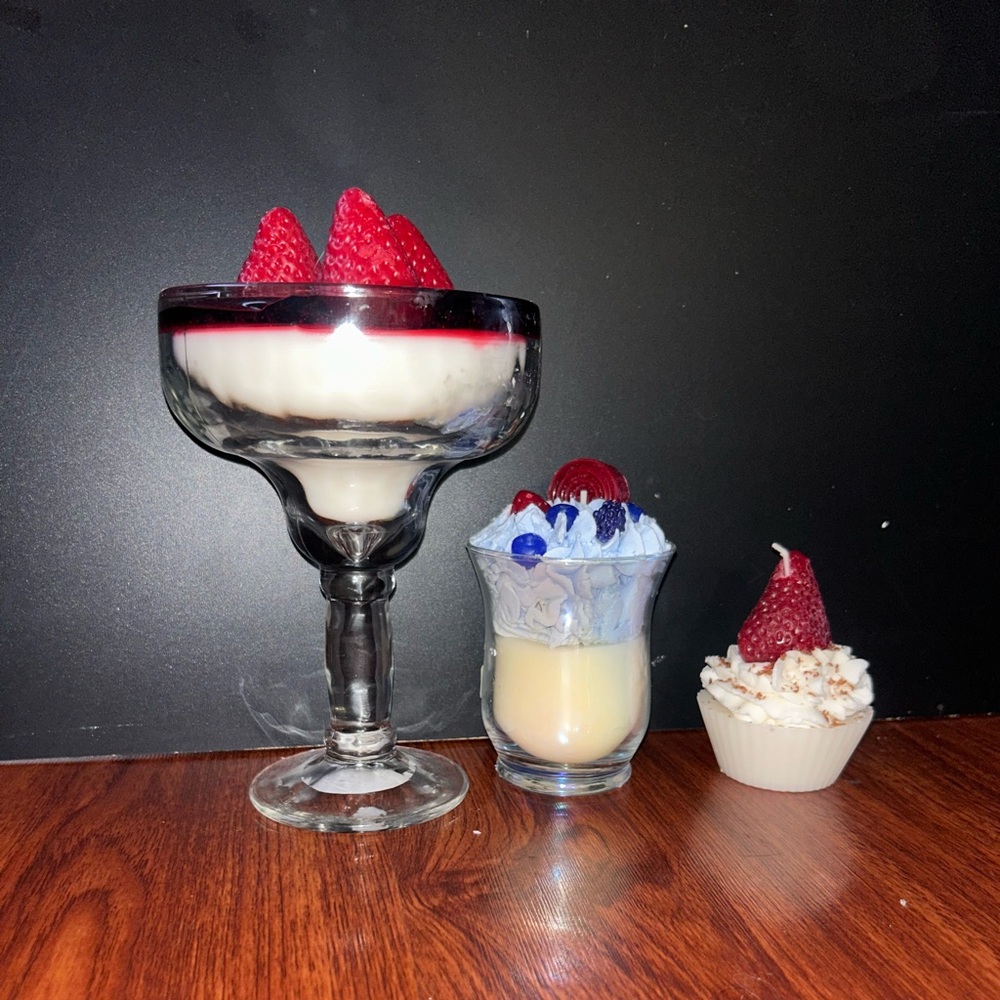 Handmade Strawberry Shortcake Layered Dessert Candle Trio